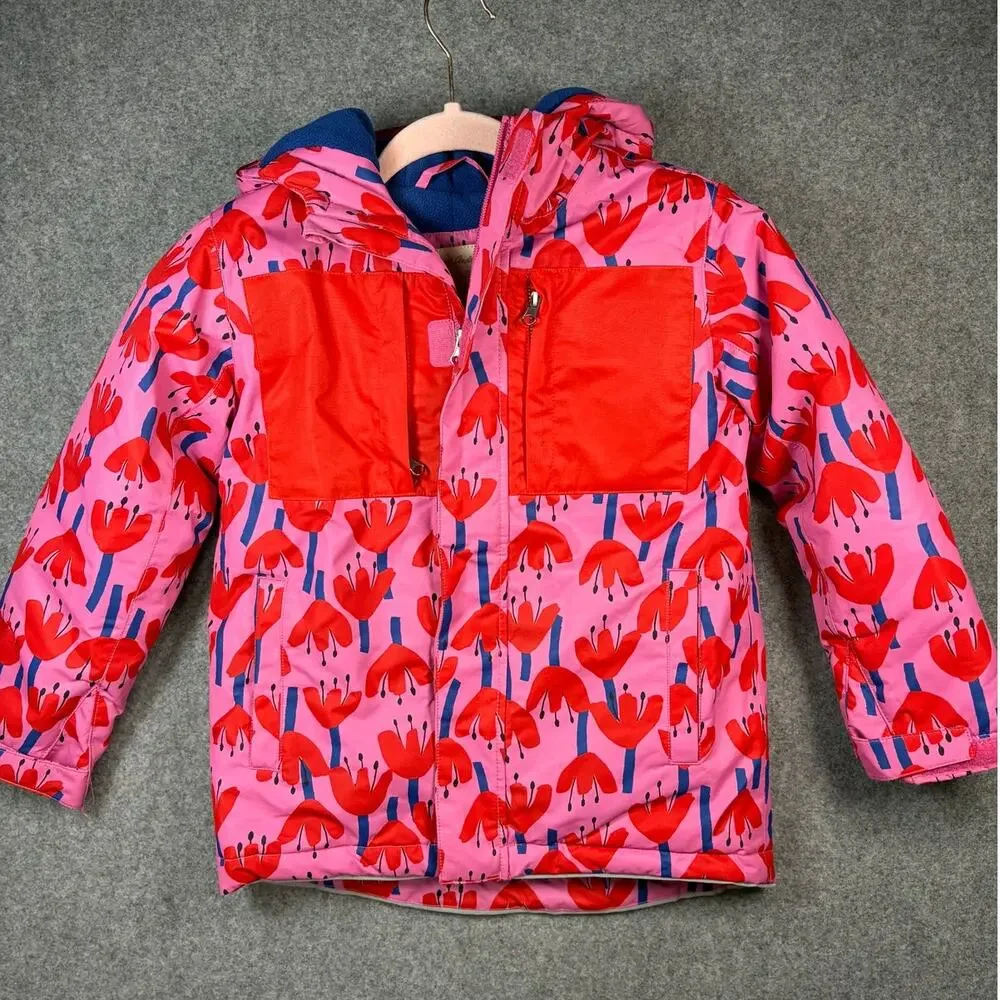 Hanna Andersson Girls Sunset Tulip Floral Snow Ski Jacket Hood Pink Blue 120 6-7